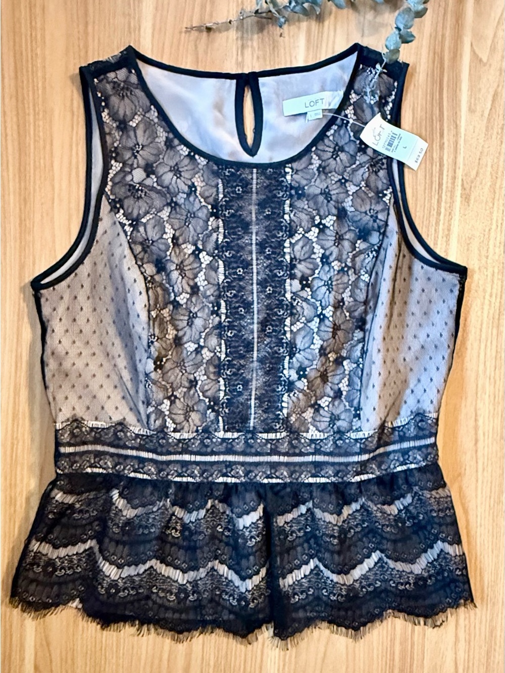 NWT LOFT Black Lace Peplum Top Sleeveless Sheer Floral Lace Size Large